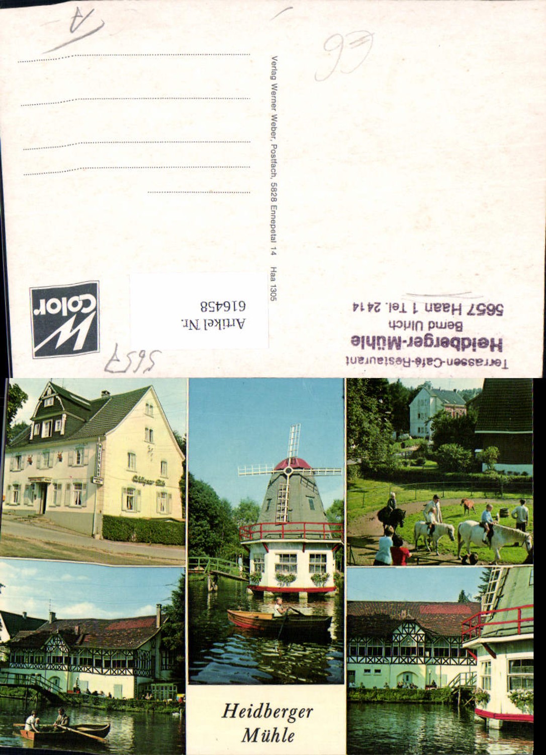 616458,Mehrbild Ak Haan Heidberger-Mühle Windmühle Restaurant Cafe Pony Reiten