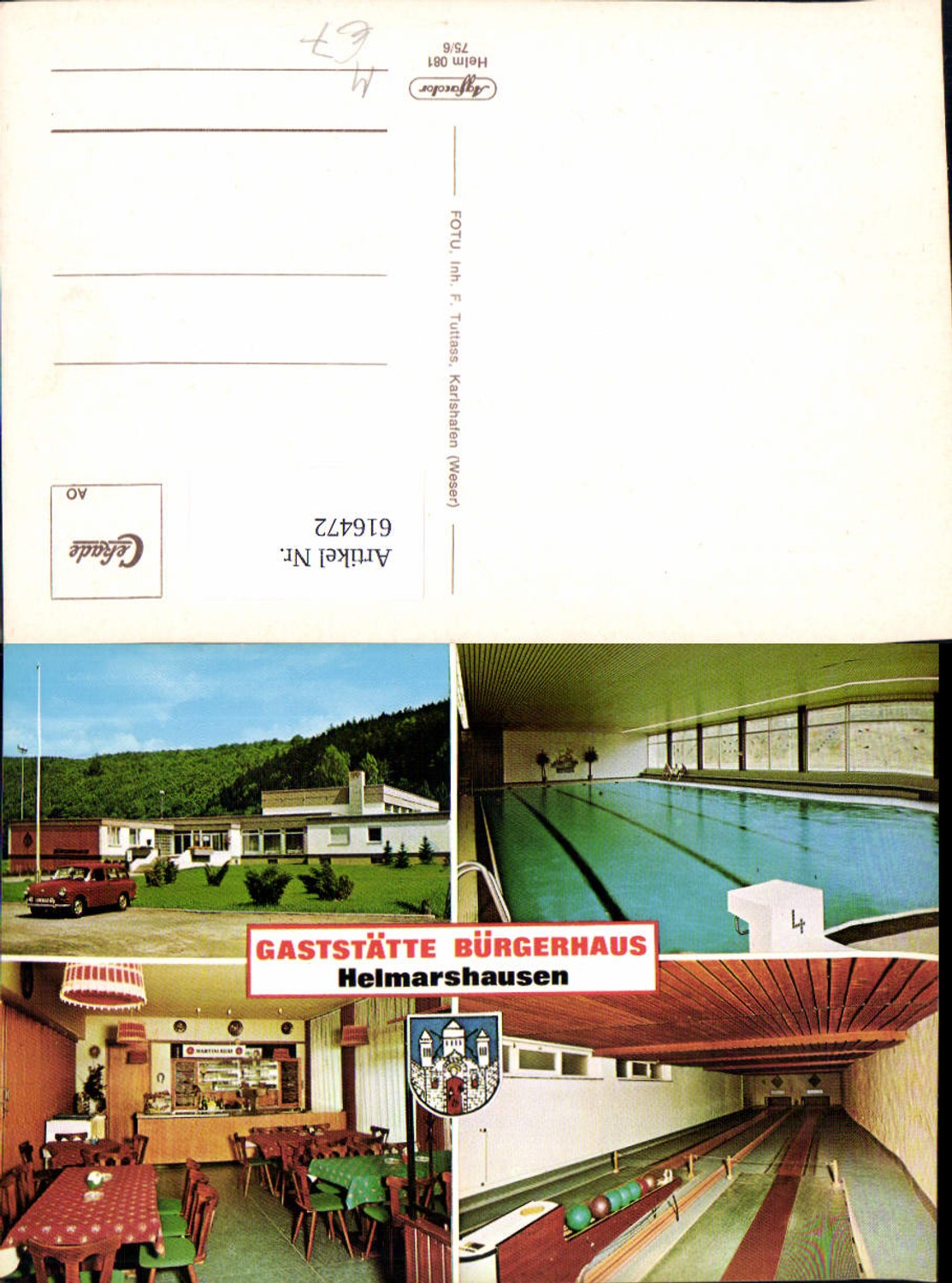 616472,Mehrbild Ak Bad Karlshafen Helmarshausen Gaststätte Bürgerhaus Hallenbad Kegelbahn Bowling