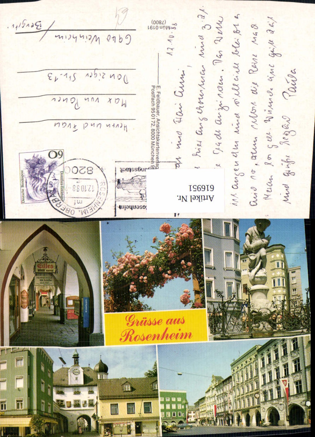 616951, Multi-image postcard Rosenheim statue view market square