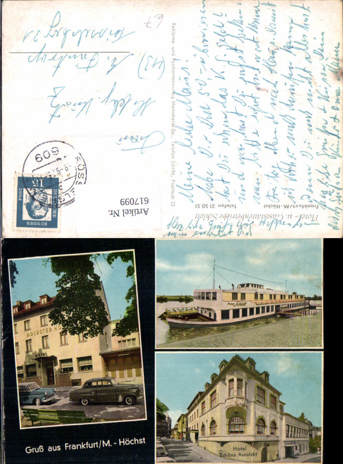 617099, Multi-image postcard Frankfurt am Main Hotel Schöne Aussicht Ship Peter Schlott Hotel Höchster Hof