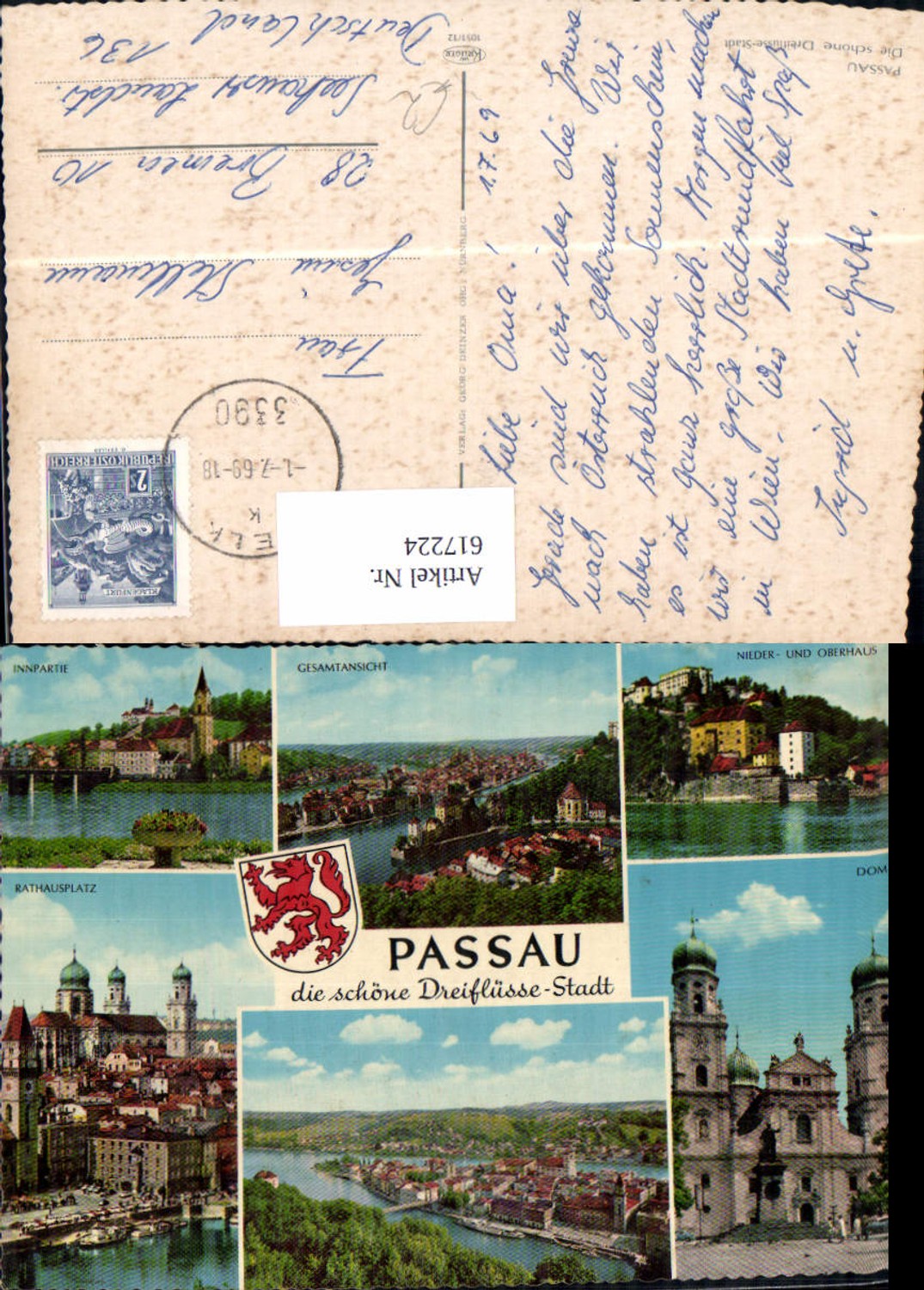617224, Multi-image postcard Passau, overall view of the cathedral and town hall square