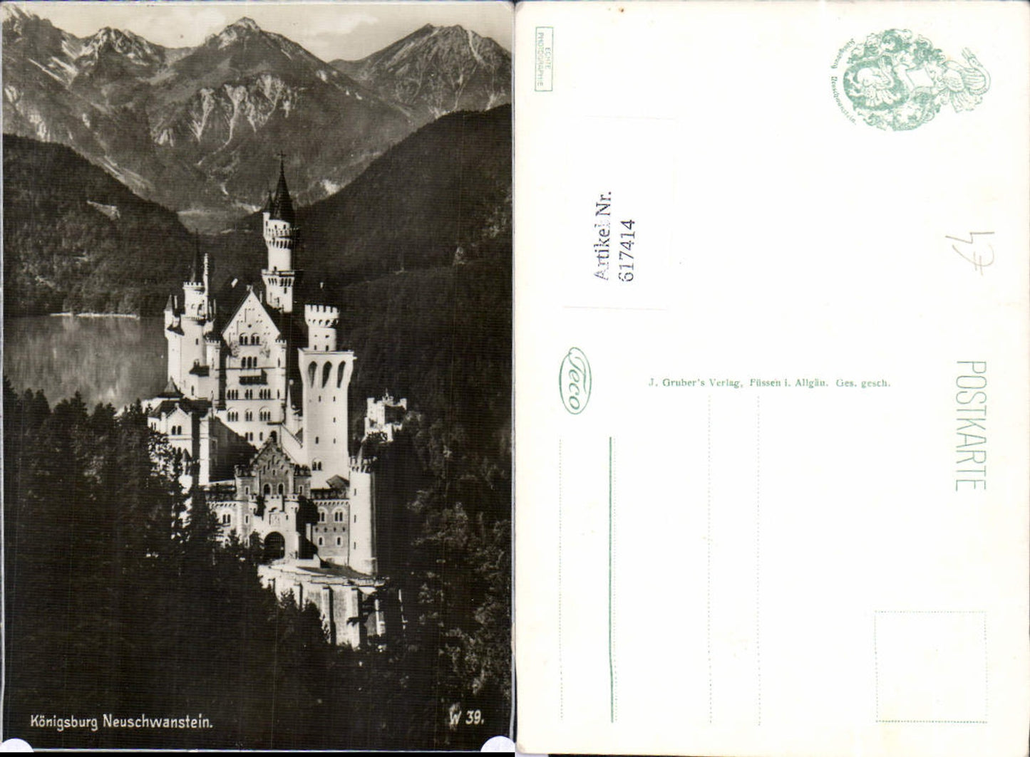 617414,Füssen im Allgäu Schloss Neuschwanstein pub J. Gruber W 39