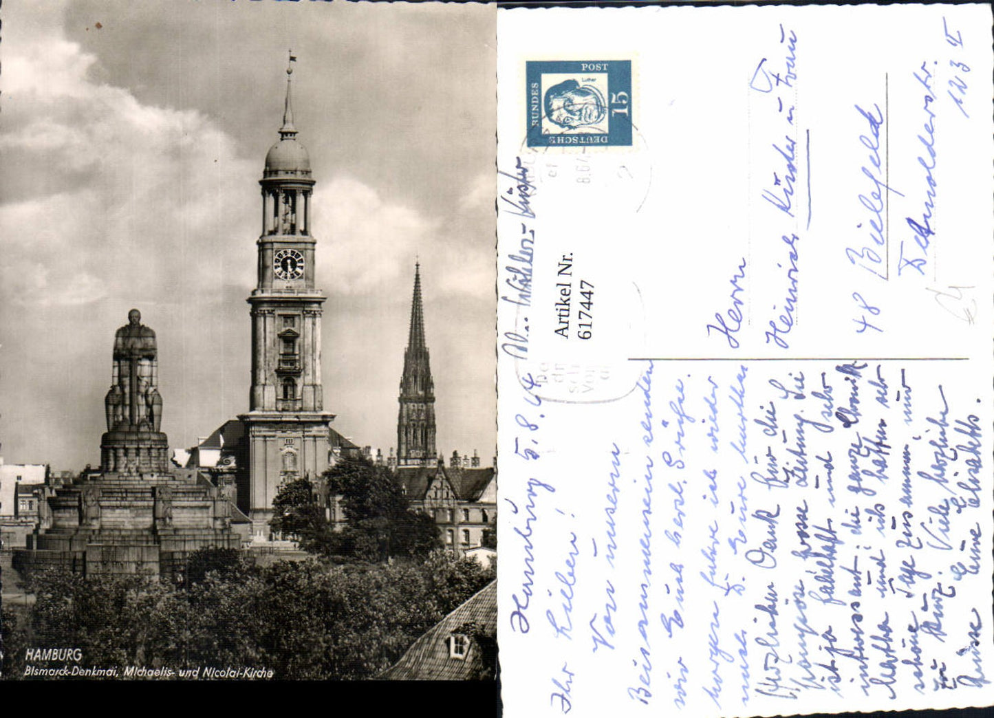 617447,Foto Ak Hamburg Bismarck-Denkmal Michaelis- und Nicolai-Kirche