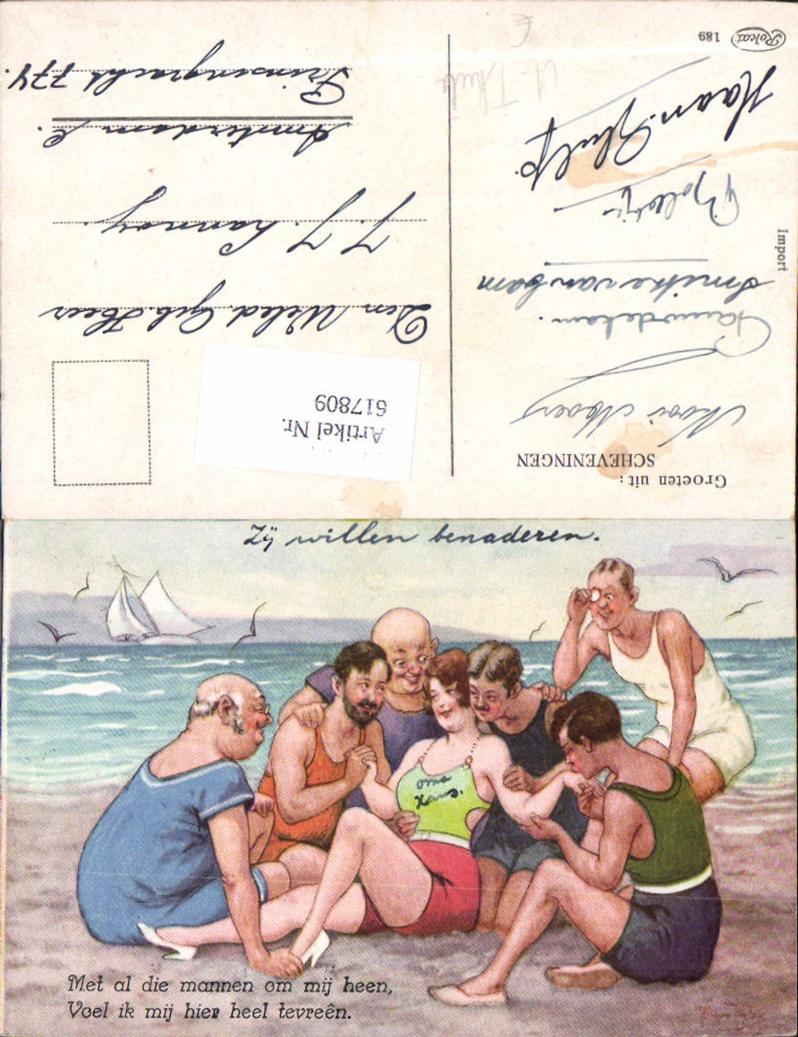 617809,Künstler AK Arthur Thiele Humor Strand Frau Männer handkuss Kuss