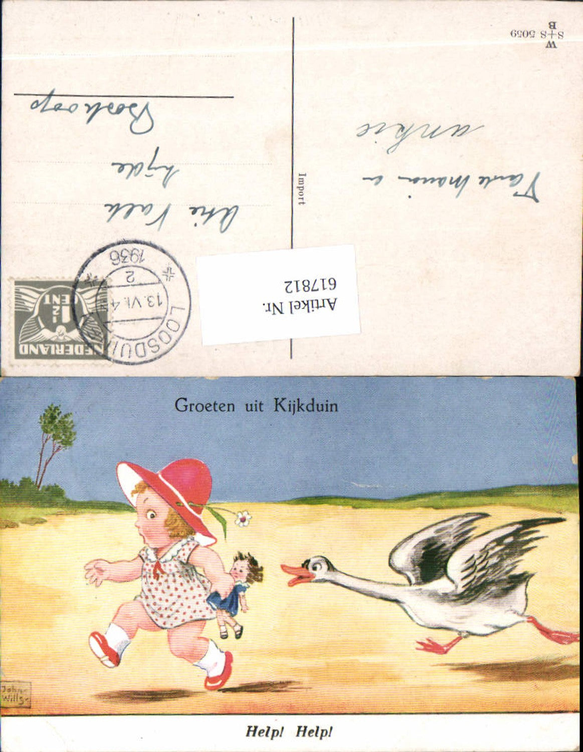 617812,Künstler AK John Wills Willi Scheuermann Puppe Gans Mädchen Humor