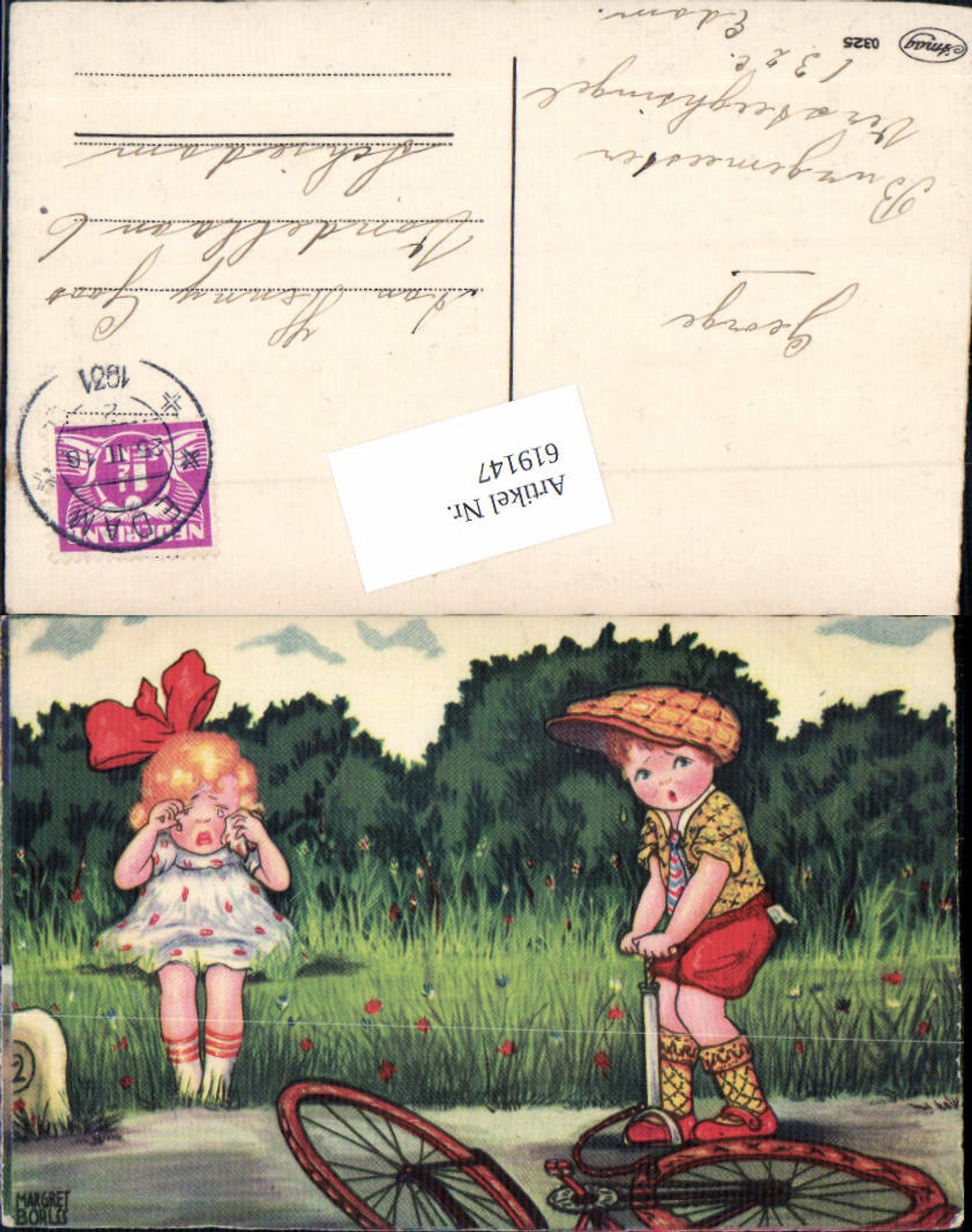 619147,Künstler AK Margret Boriss Humor Mädchen weint Fahrrad Rad Panne
