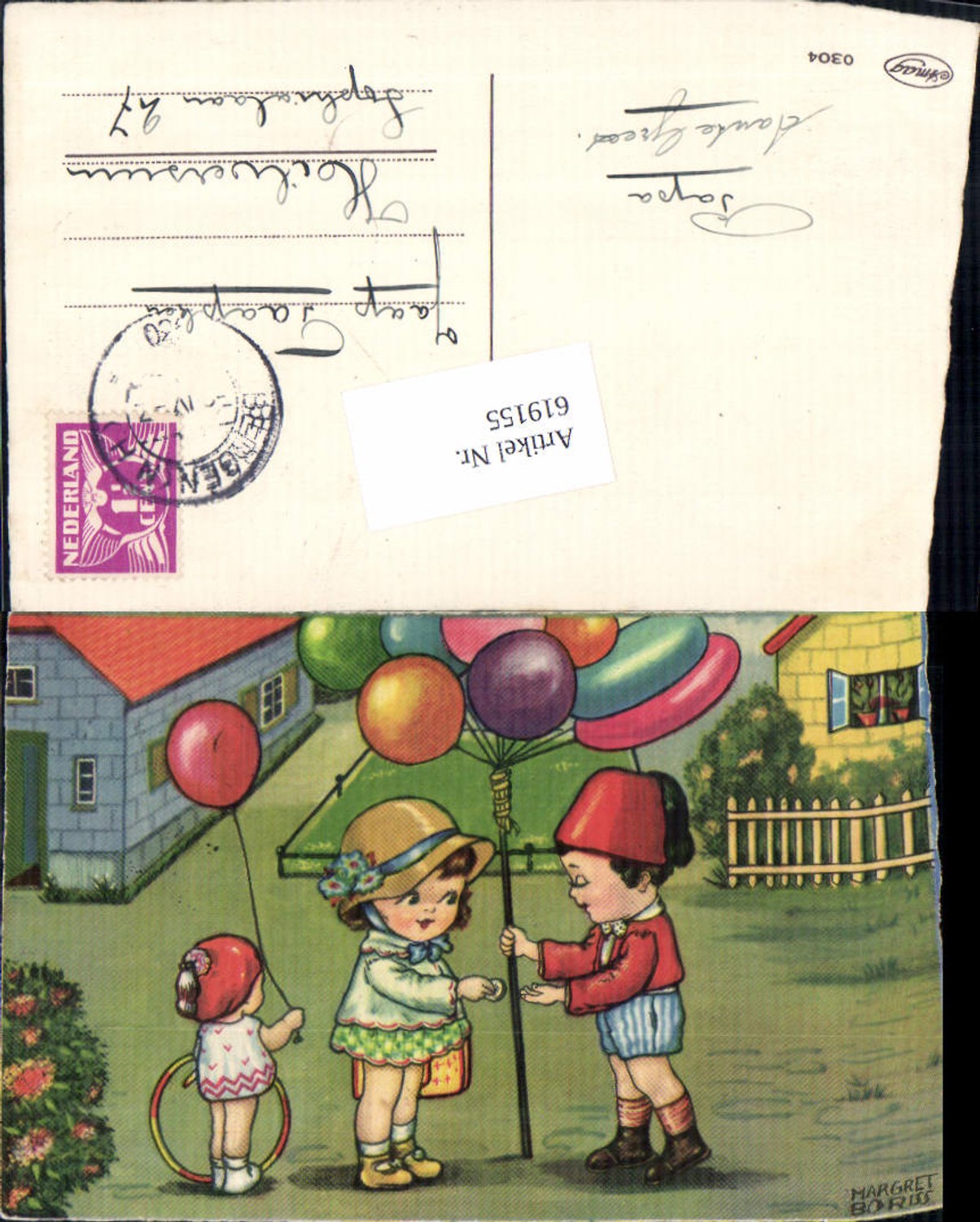 619155,Künstler AK Margret Boriss Luftballon Kinder