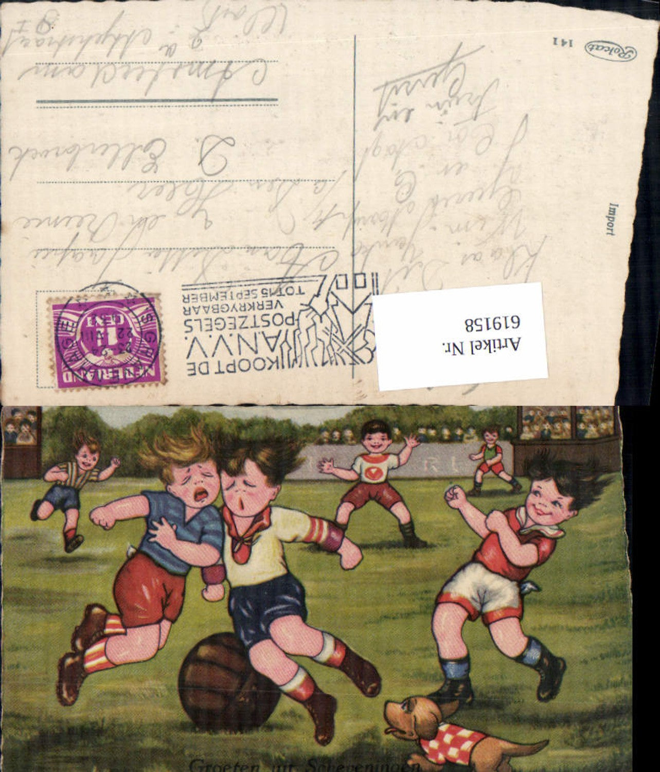 619158,Künstler AK Margret Boriss Fussball Humor Hund Scheveningen Sport