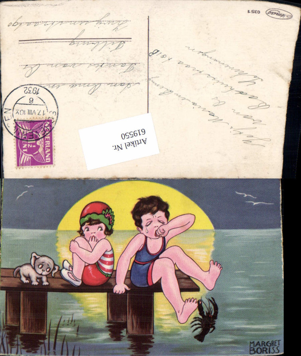 619550,Künstler AK Margret Boriss Mond Krabbe Hund Kind weint