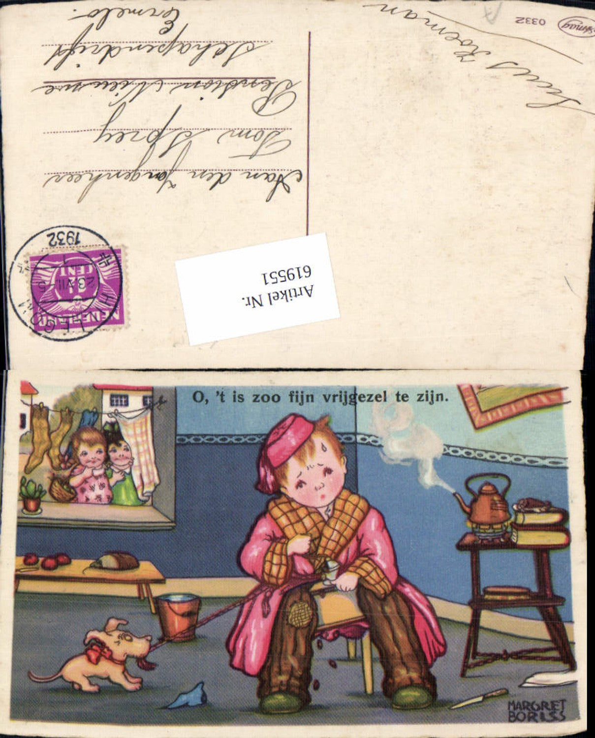 619551,Künstler AK Margret Boriss Hund Teekanne Kinder