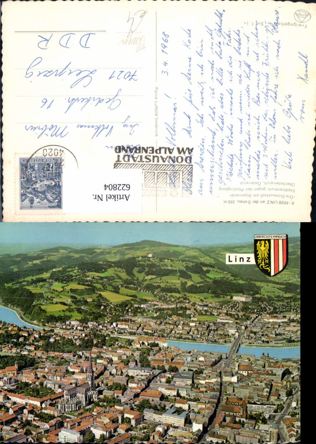622804,Fliegeraufnahme Linz a. d. Donau Stadtzentrum geg. Pöstlingberg