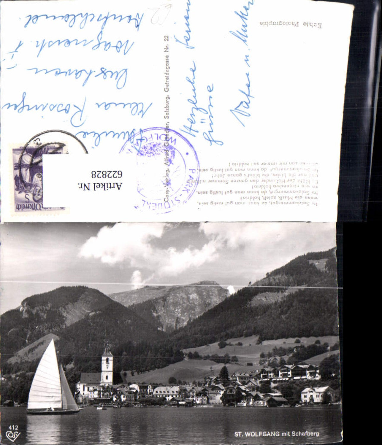 622828,Foto Ak Sankt Wolfgang im Salzkammergut m. Schafberg Segelboot