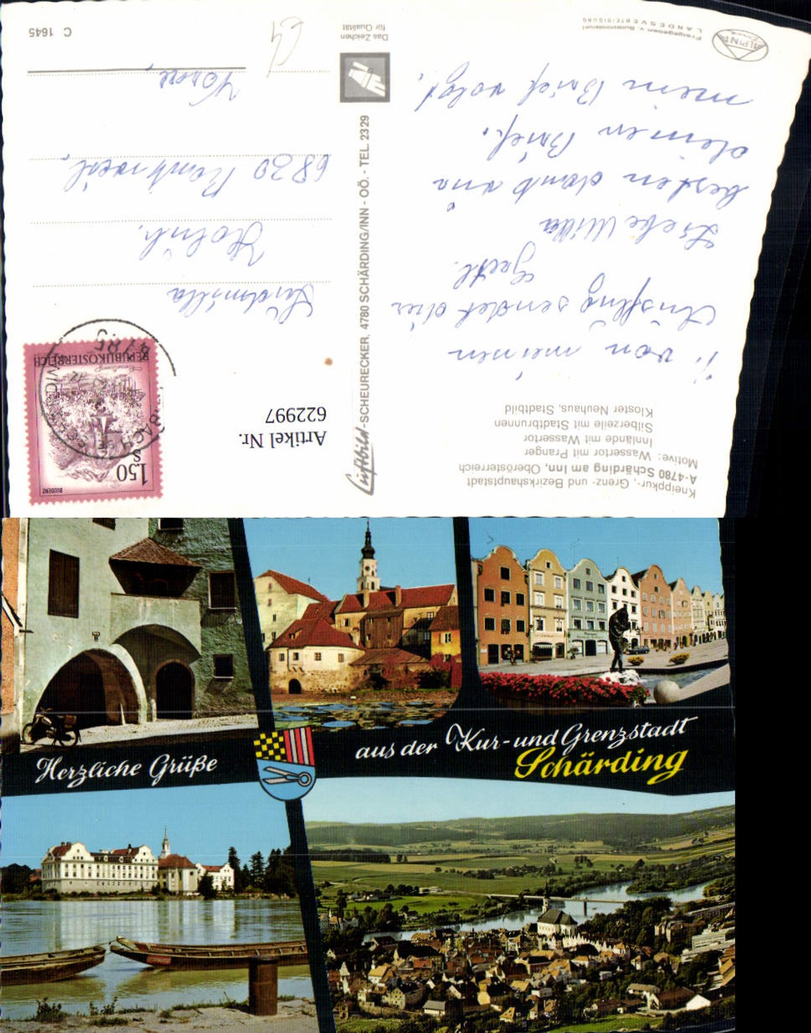 622997, Multi-image postcard Schärding am Inn, Water Gate with pillory, Inn Riverbank, Silver Row
