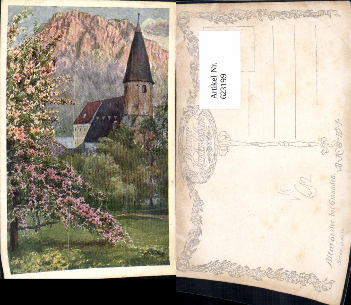 623199,Künstler Ak Hofecker Altmünster b. Gmunden Baumblüte Kirche pub B.K.W.I. 920/12
