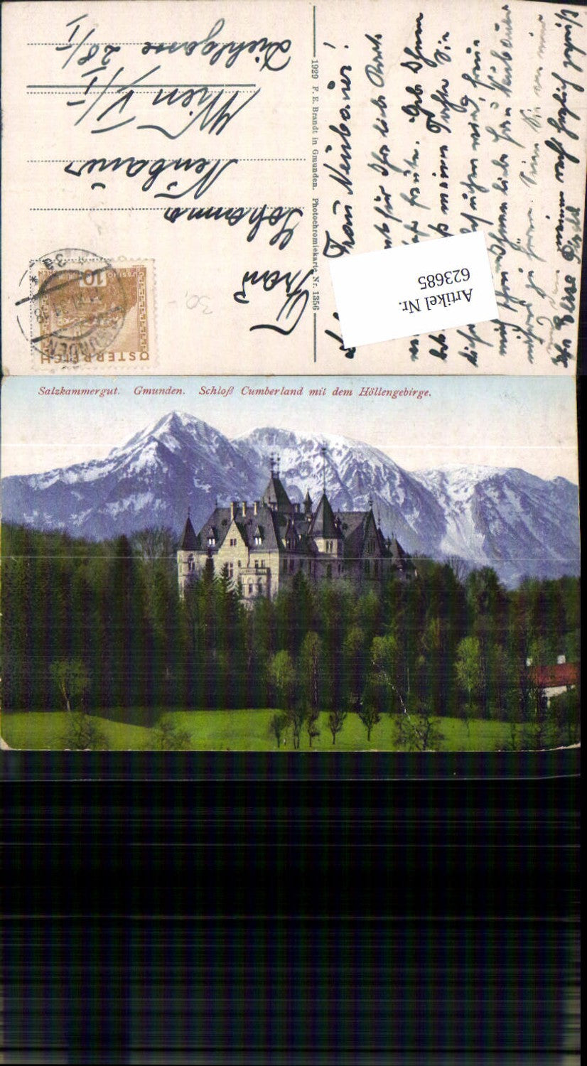 623685,Gmunden Schloss Cumberland m. Höllengebirge pub Brandt 1356