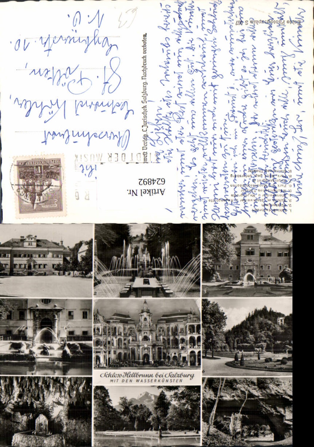 624892, Multi-image postcard Salzburg Hellbrunn Palace with water features, fountains, water displays