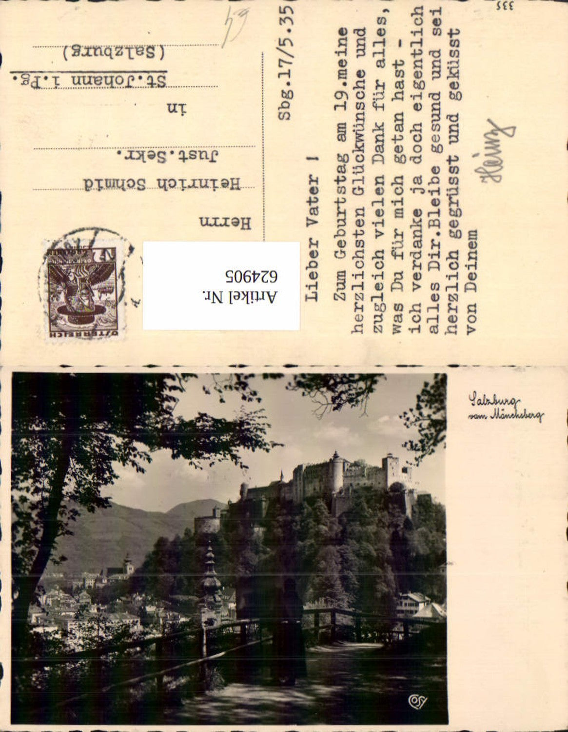 624905, photo postcard Salzburg from Mönchsberg