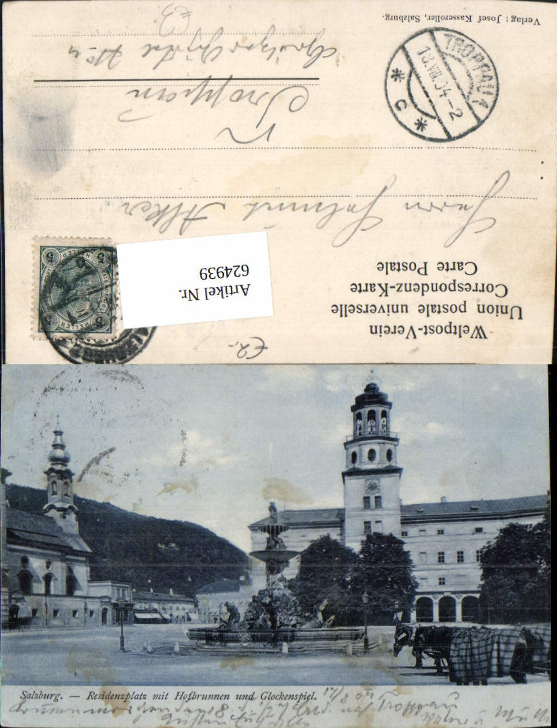 624939, Salzburg Residenzplatz with courtyard fountain and carillon, pub Josef Kasseroller