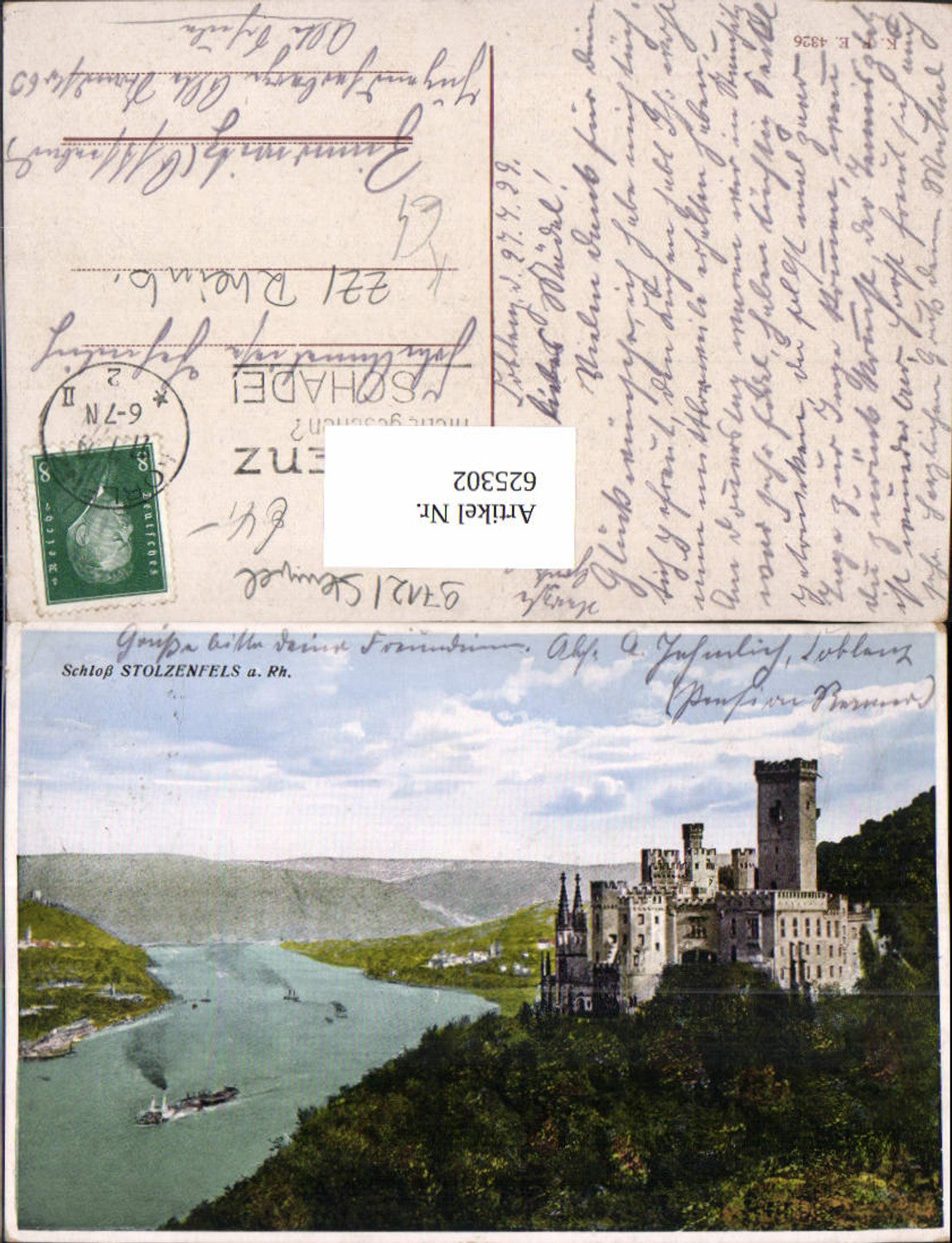 625302,Künstler Ak Schloss Stolzenfels b. Rhein Schiffe Dampfer