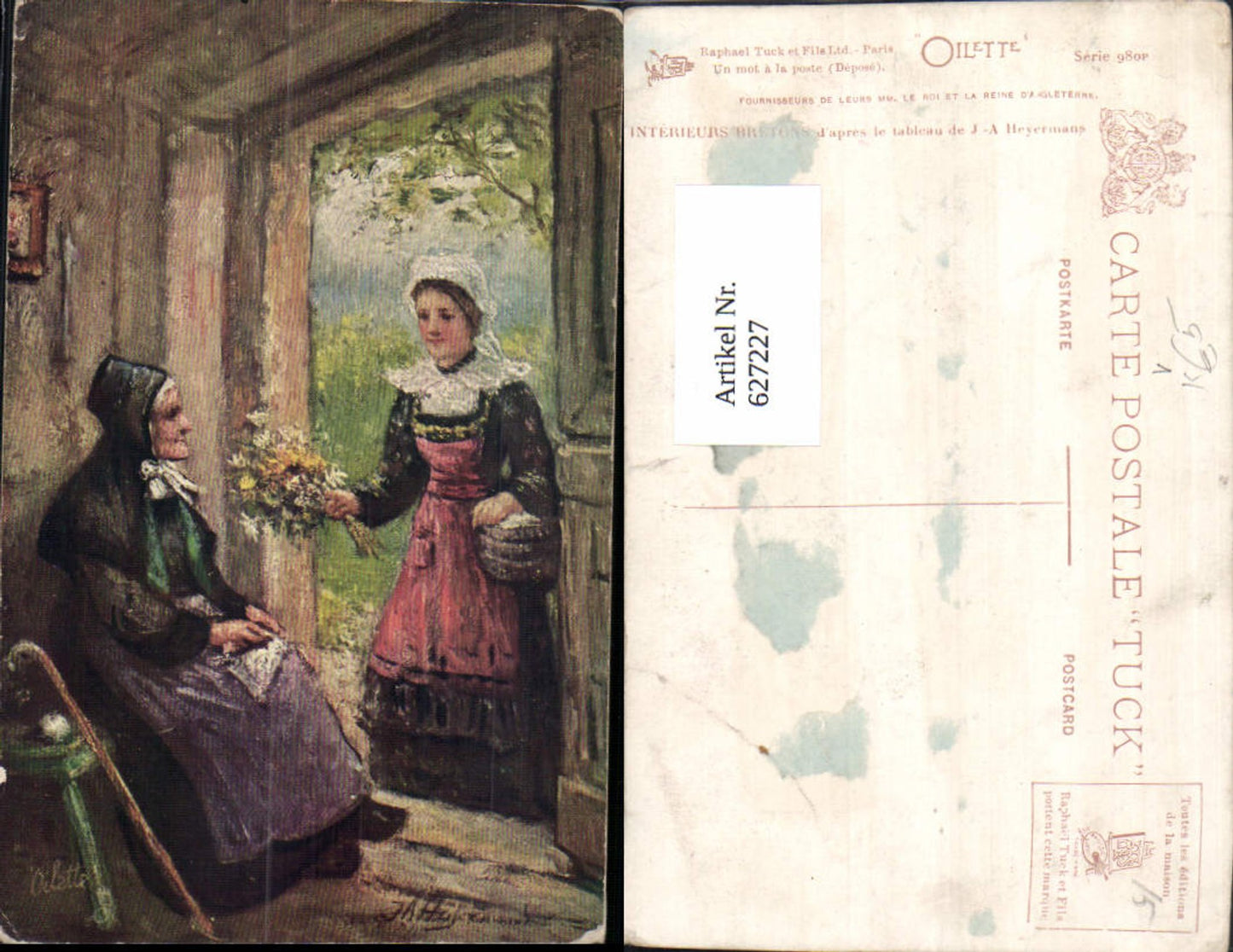627227, Artist Ak JA Heyermans Interiors Breton Women Flowers pub Raphael Tuck Oilette 890p