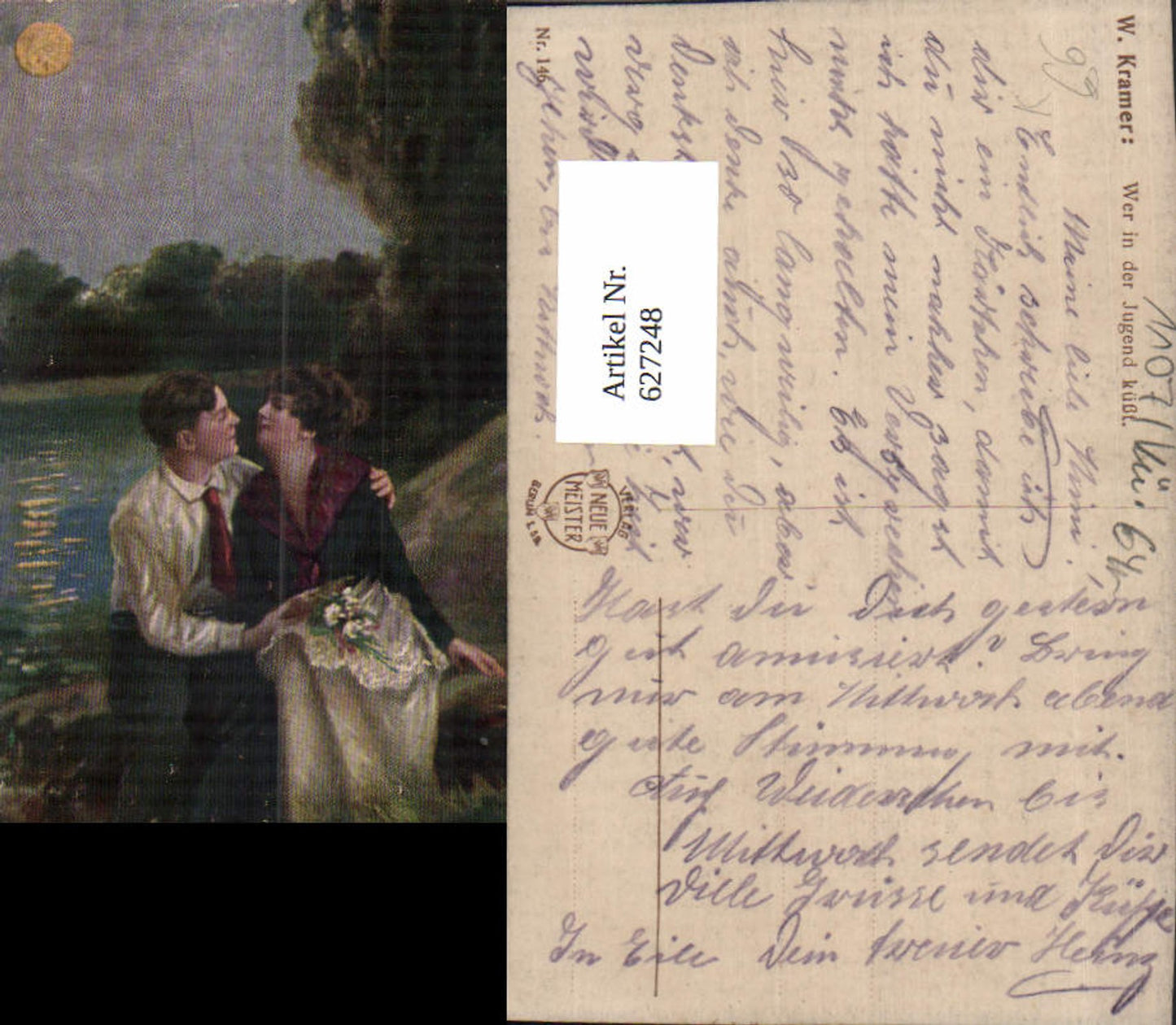 627248,Künstler Ak W. Kramer Wer in der Jugend küßt Paar Mondschein Liebe