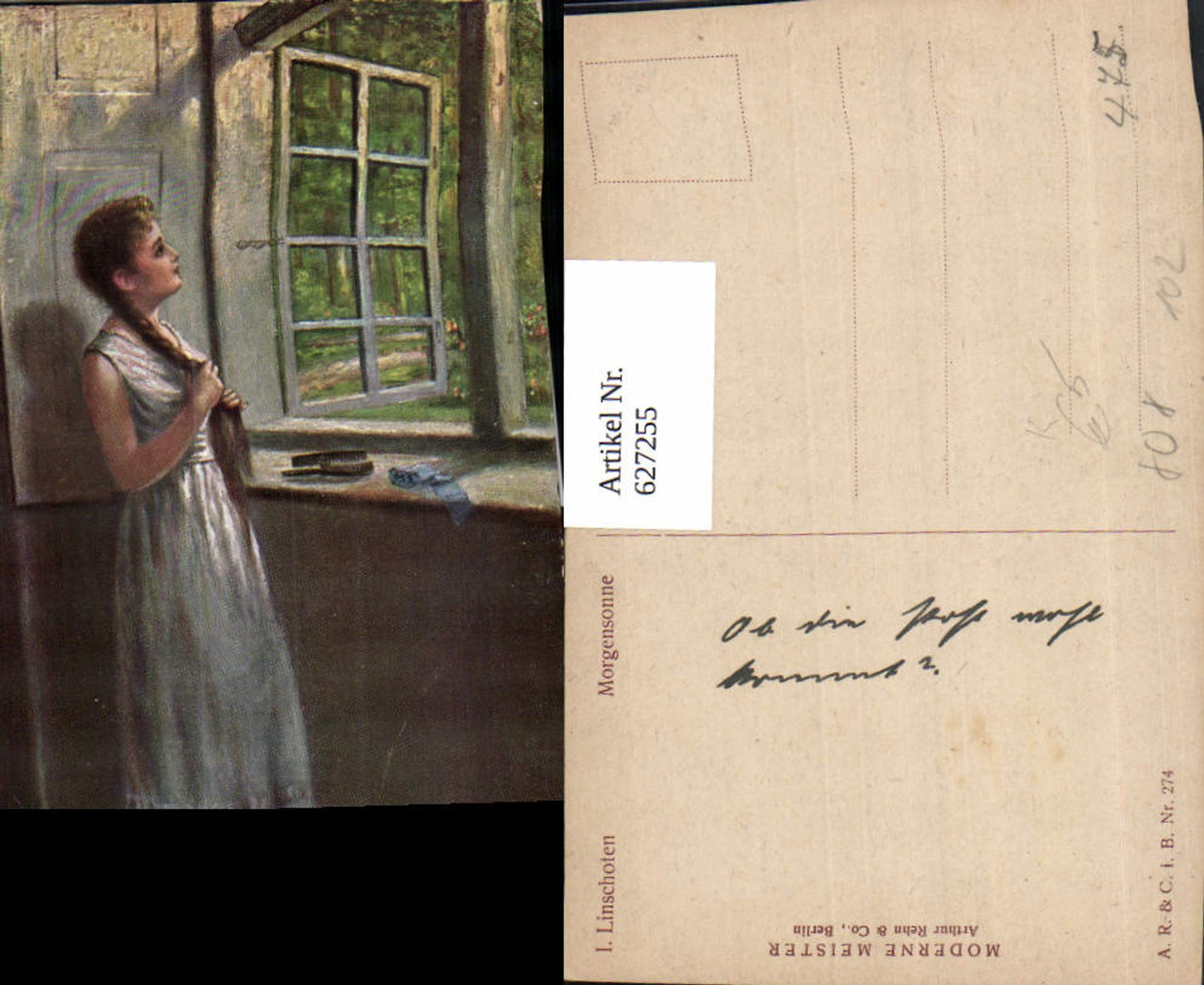 627255,Künstler Ak I. Linschoten Morgensonne Frau Mädchen a. Fenster