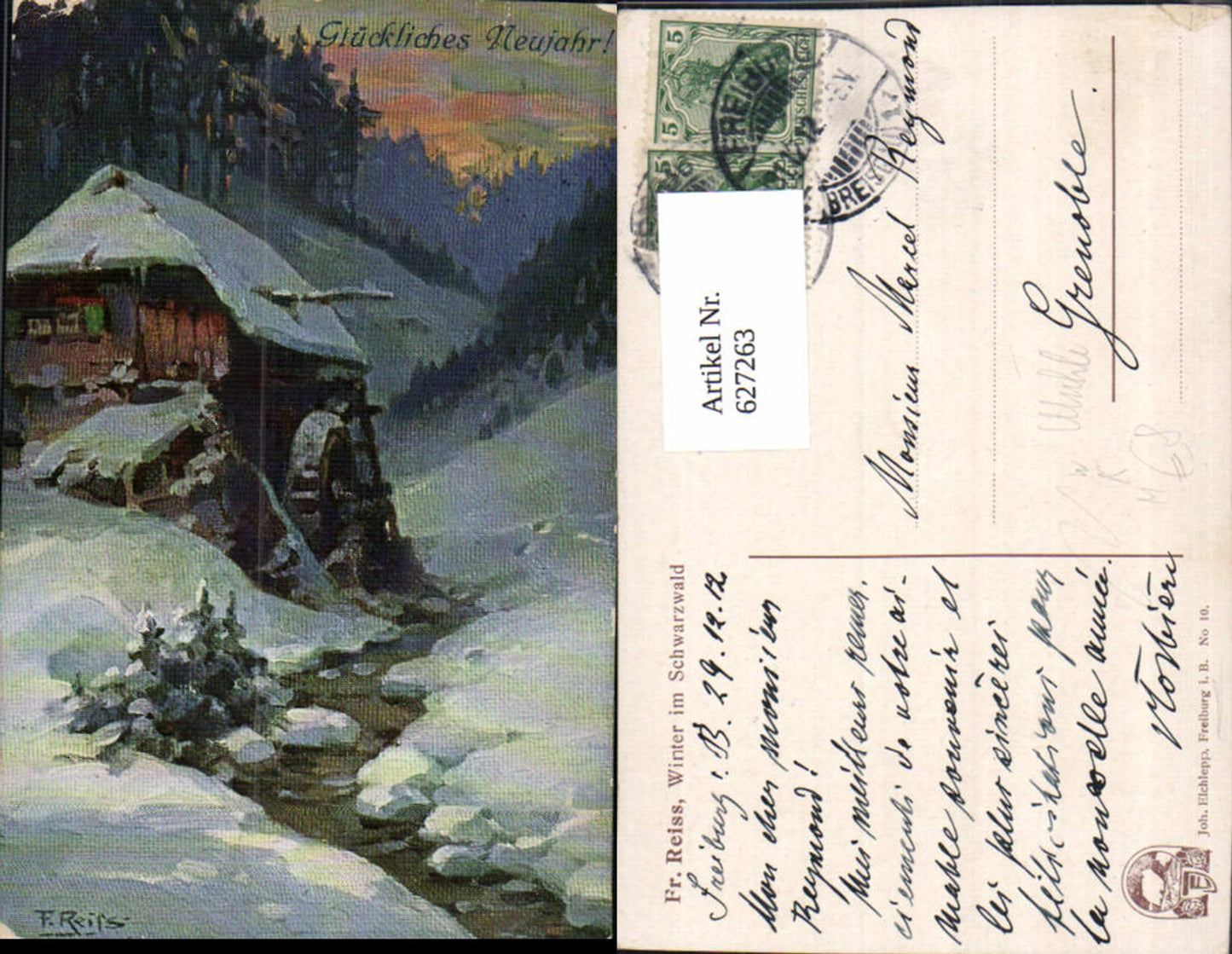 627263,Künstler Ak Fr. Reiss Winter im Schwarzwald Mühle pub Joh. Elchlepp Freiburg Breisgau 10