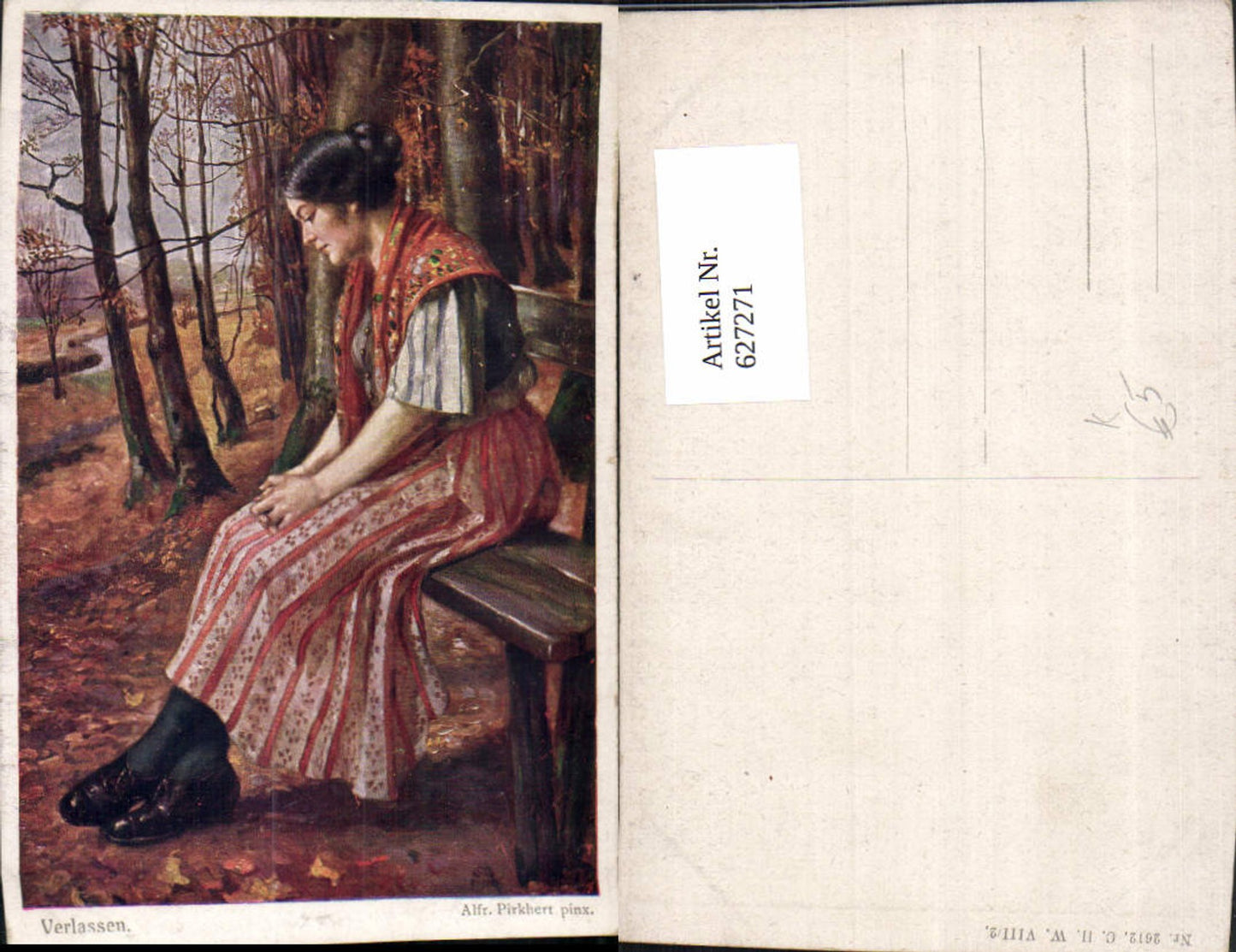 627271,Künstler Ak Alfred Pirkhert Verlassen Frau a. Bank sitzend Herbstwald