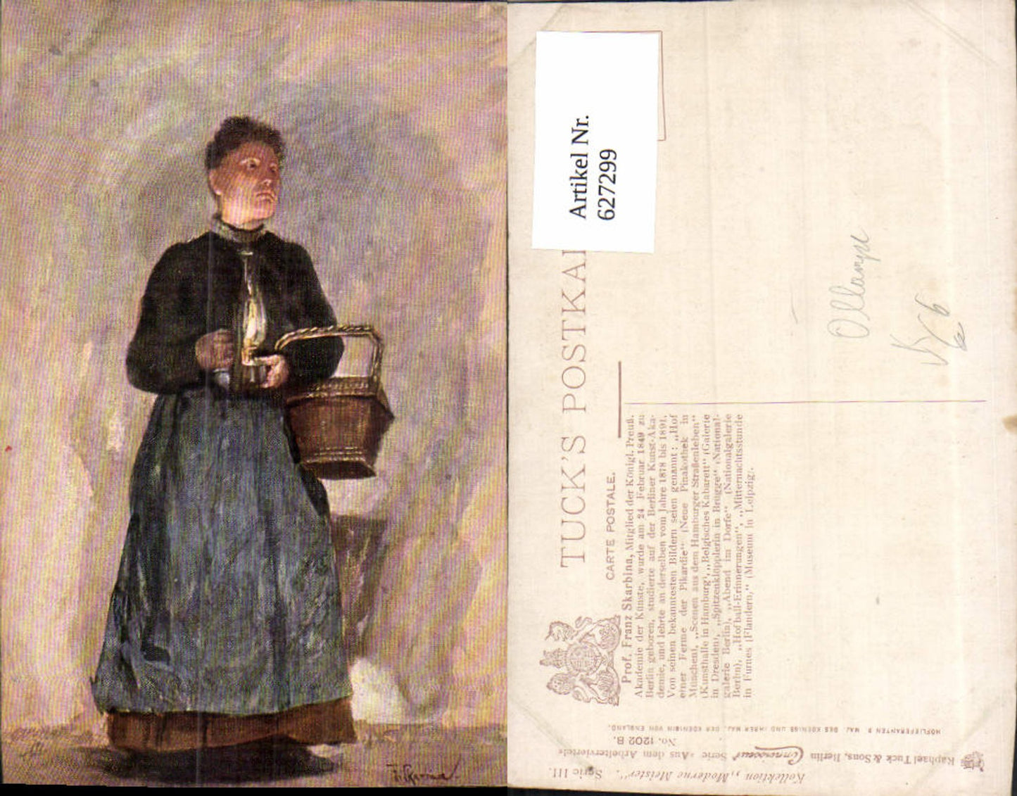 627299, Artist Ak Franz Skarbina Woman Oil Lamp From the working-class district pub Raphael Tuck Sons 1202B