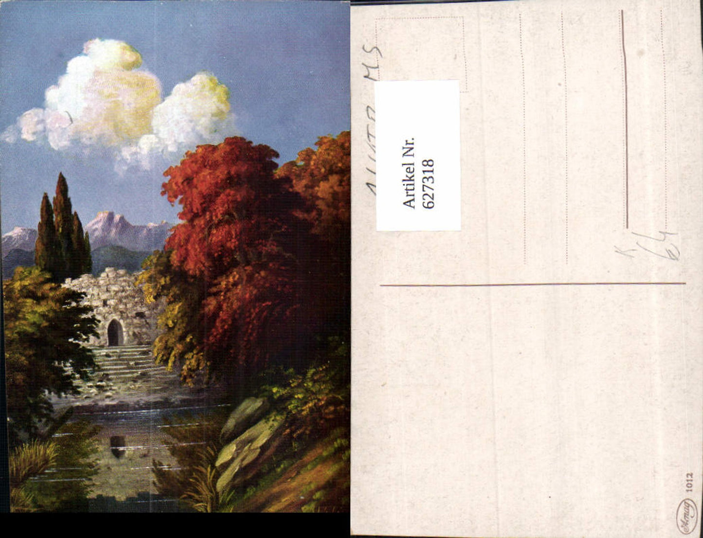 627318,Künstler Ak G. Fiebiger Landschaft m. Burg Ruine Bäume