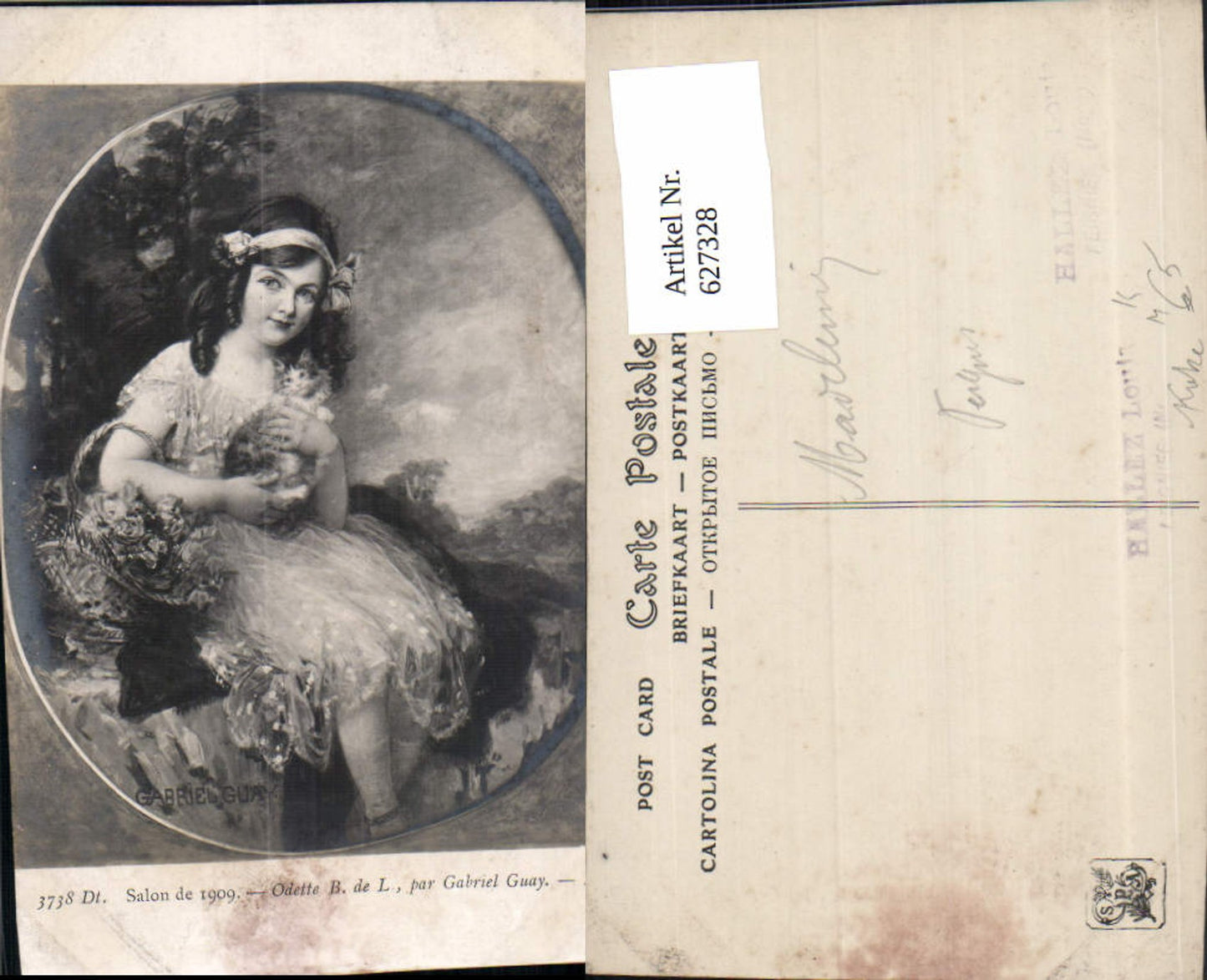 627328,Künstler Ak Gabriel Guay Odette B. De L. Mädchen m. Katze Korb Rosen Portrait