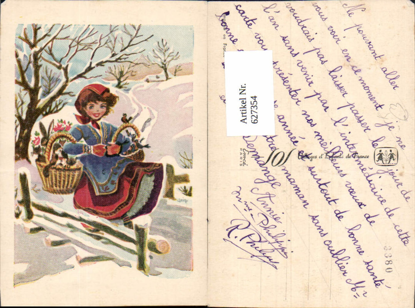 627354,Künstler Ak Mädchen Korb Katze Hase Hund Vögel Winterlandschaft