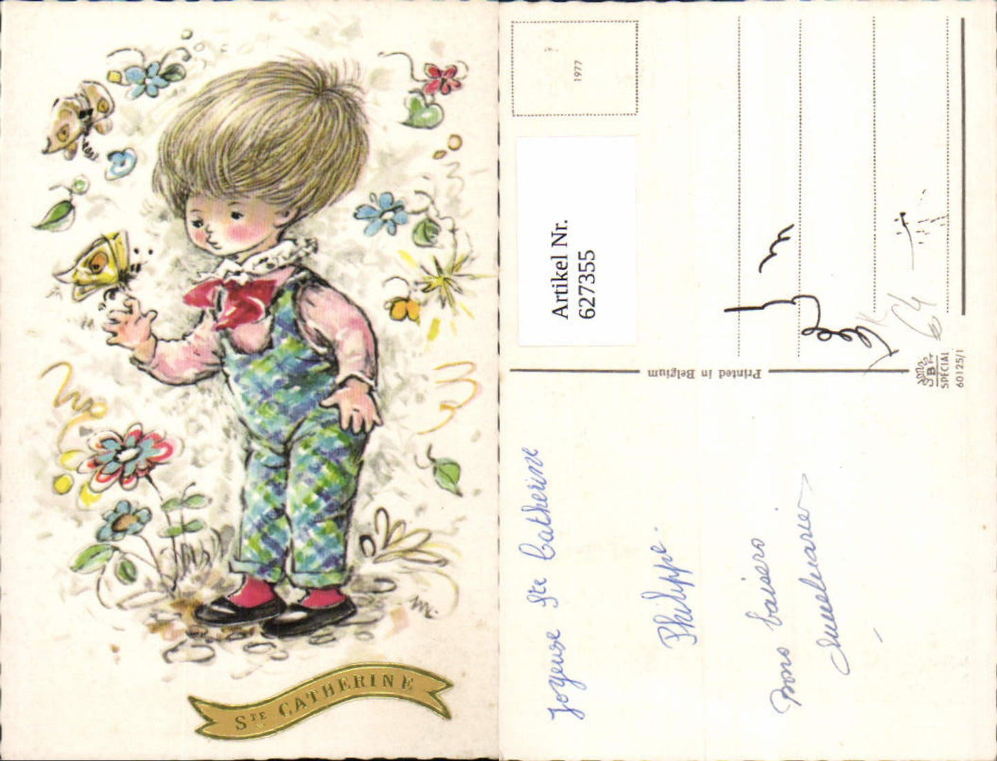 627355,Künstler Ak Bub Junge m. Schmetterling Blumen St. Catherine Namenstag