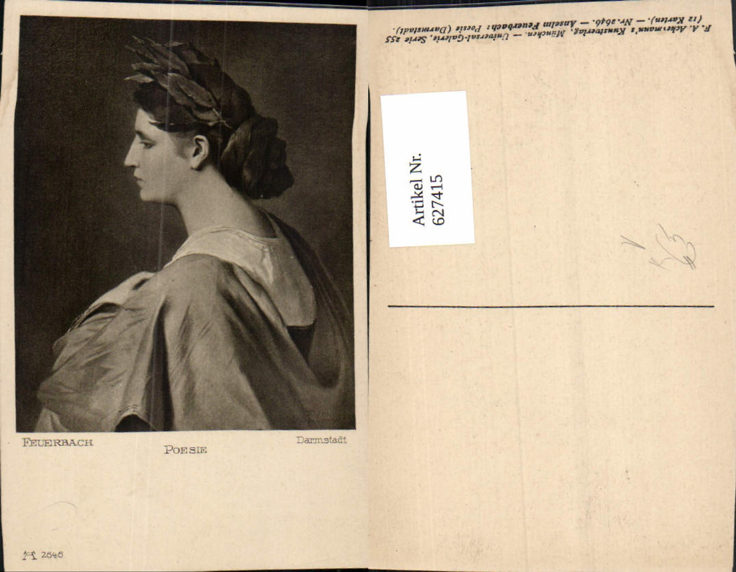 627415, Artist Ak Anselm Feuerbach Poetry Woman Laurel Wreath Portrait pub FA Ackermann 255/2646
