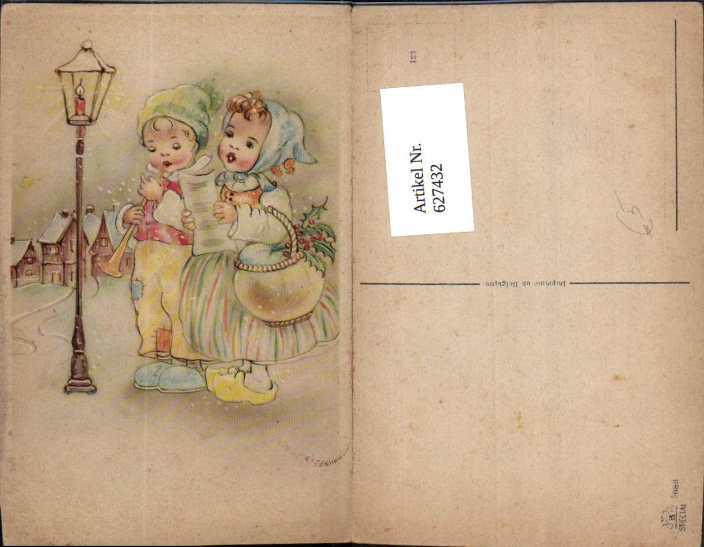 627432,Künstler Ak Kinder Singen Musizieren Flöte Laterne Dorfpartie i. Winter