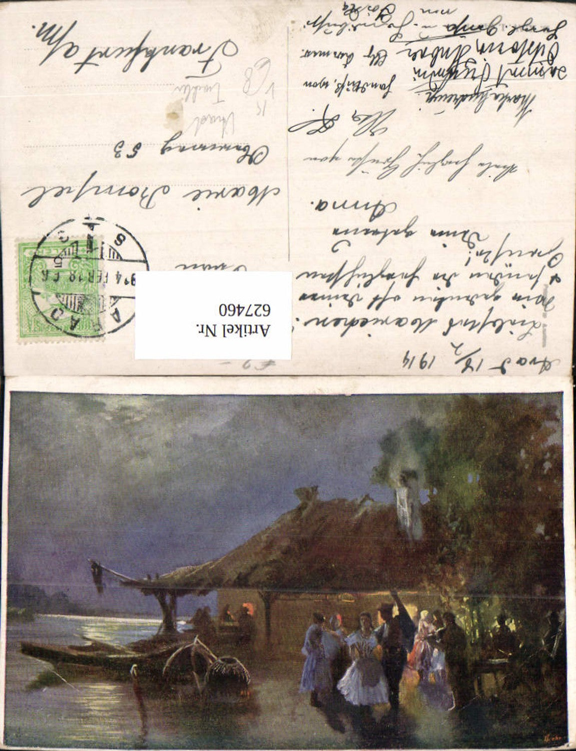 627460, Artist Ak Arad traditional costume couple dancing shore hut near night pub BKWI 248/1