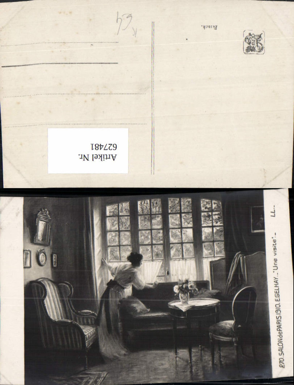627481,Künstler Ak E. Gelhay Une visite Frau a. Fenster