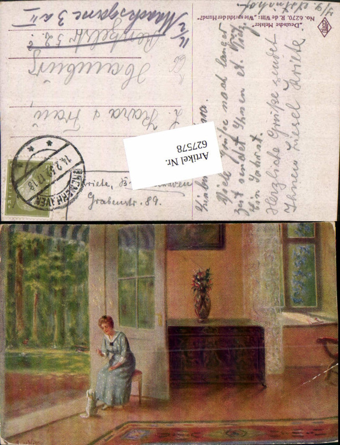 627578,Künstler Ak R. de Witt Wie spricht der Hund Frau mit Hund