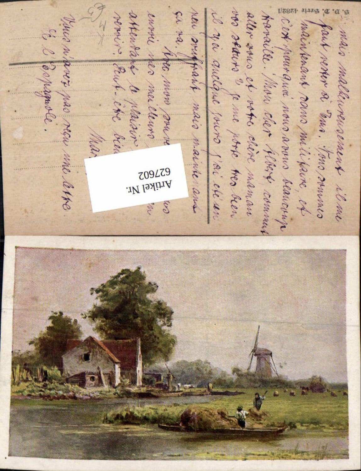 627602, Artist Ak Windmill Hay Harvest with Boat Landscape