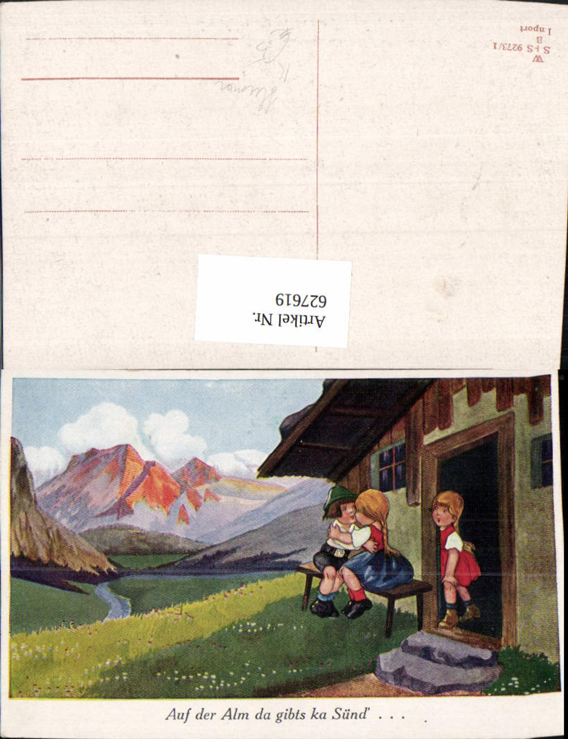 627619,Künstler Ak Kinder Kuss v. Haus Berglandschaft Humor