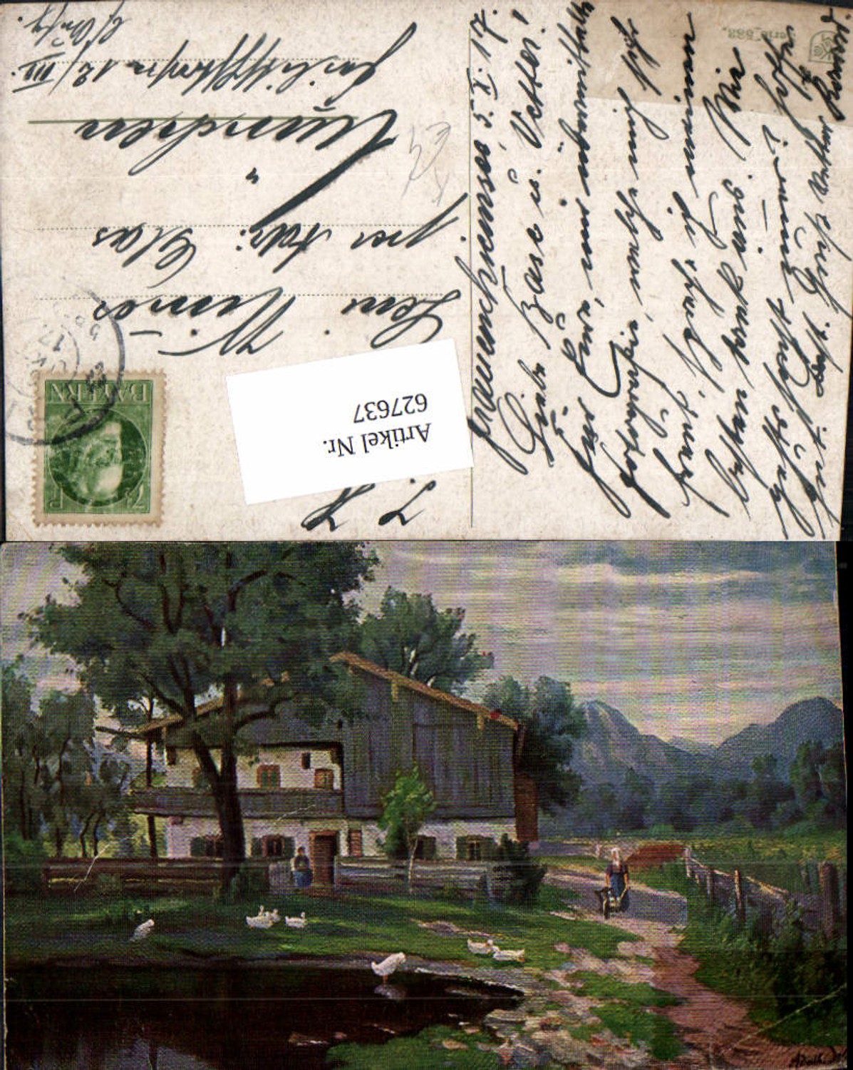 627637,Künstler Ak Bauernhaus m. Teich Gänse Landschaft