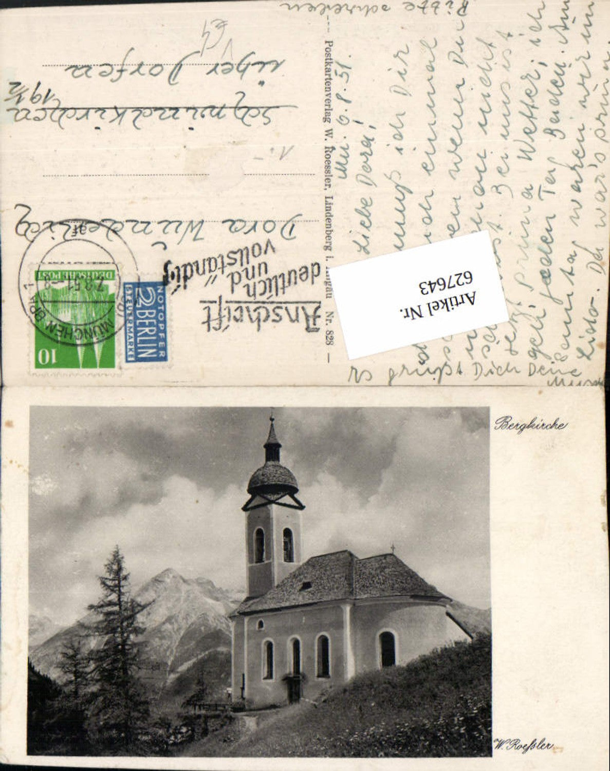 627643,Künstler Ak W. Roefsler Bergkirche Kirche pub Roessler Lindenberg Allgäu 828