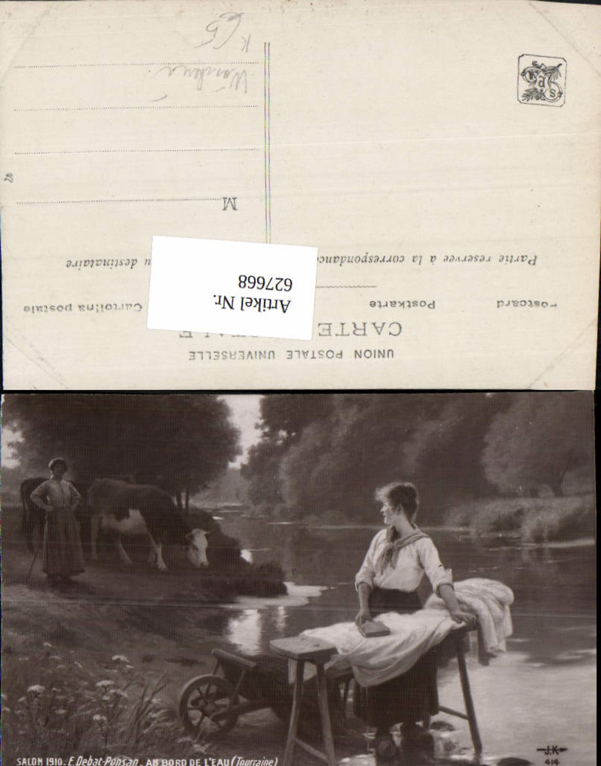 627668,Künstler Ak E. Debat-Ponsan Au bord de l Eau Tourraine Frau Wäschewaschen Kuh Rind Wäscherin