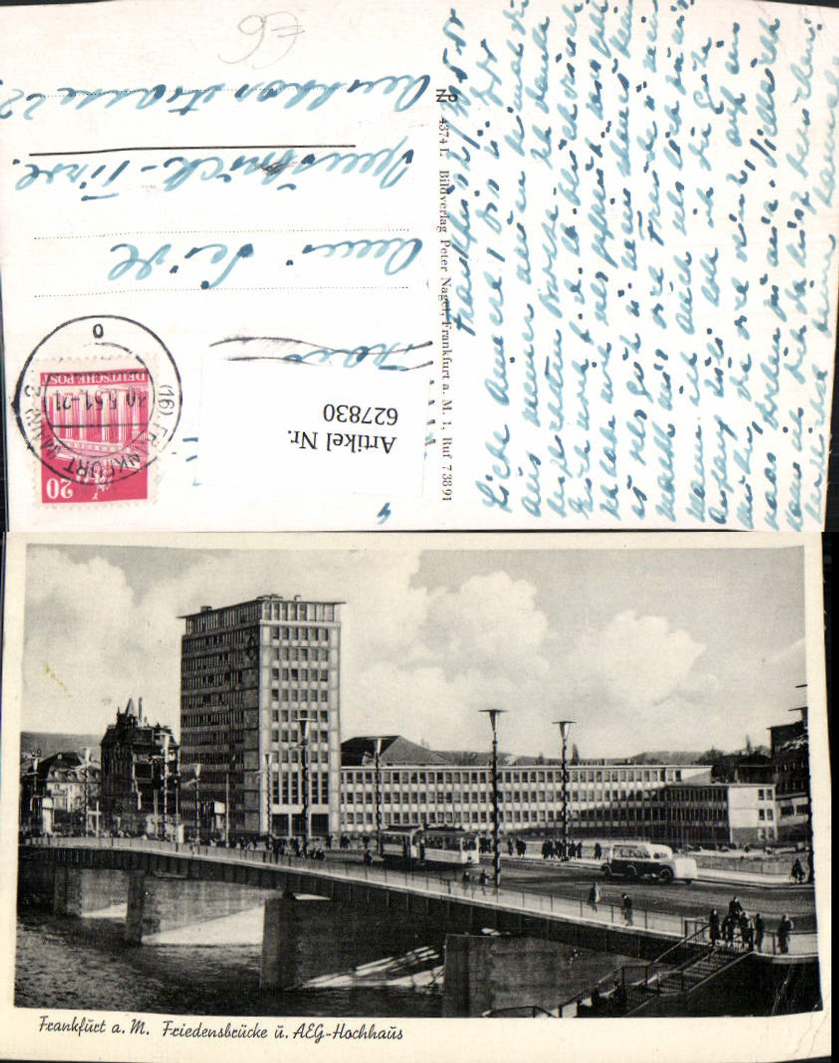 627830,Frankfurt a. Main Friedensbrücke u. AEG-Hochhaus Brücke Straßenbahn