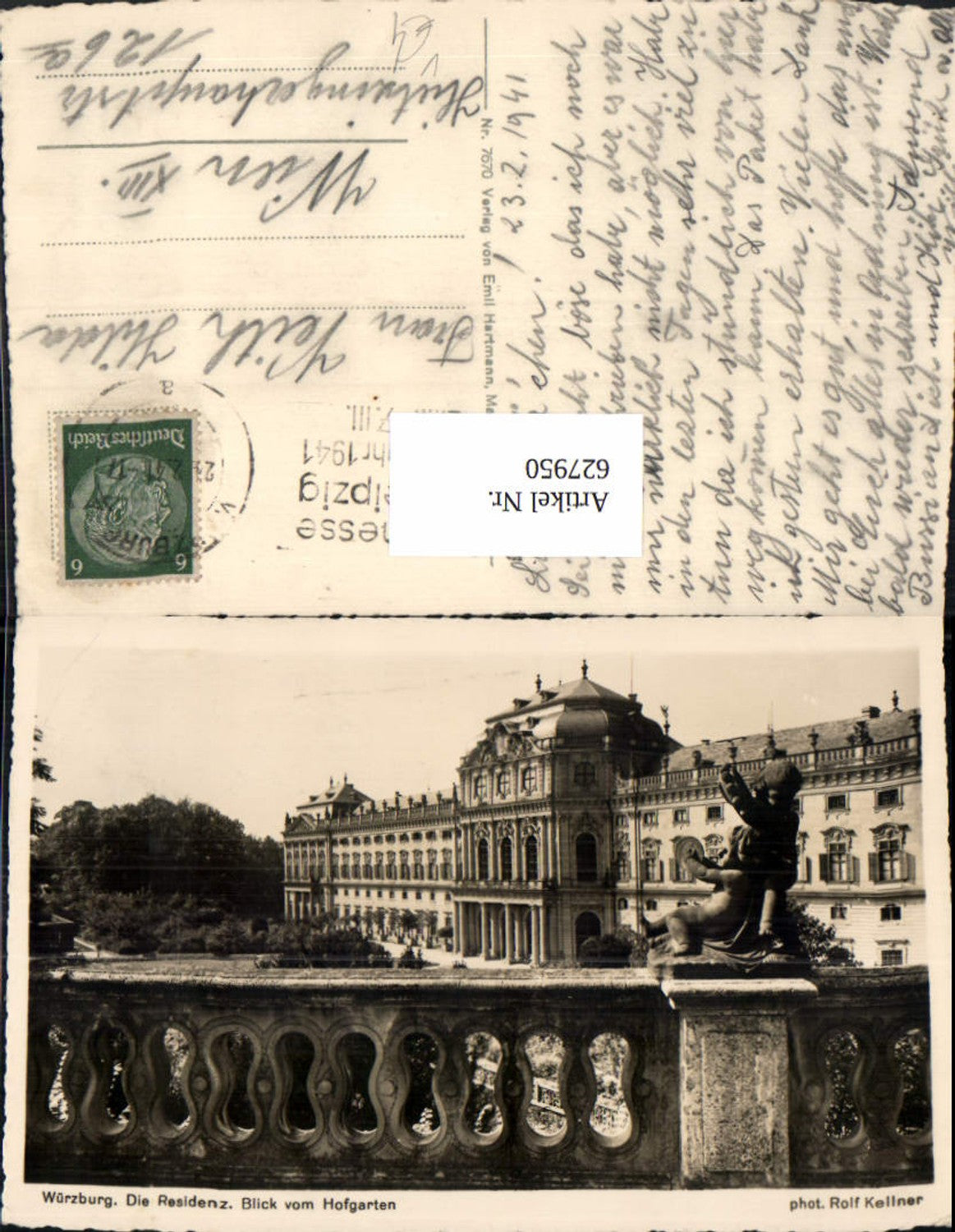 627950,Foto Ak Würzburg Die Residenz Blick zum Hofgarten pub Emil Hartmann 7670