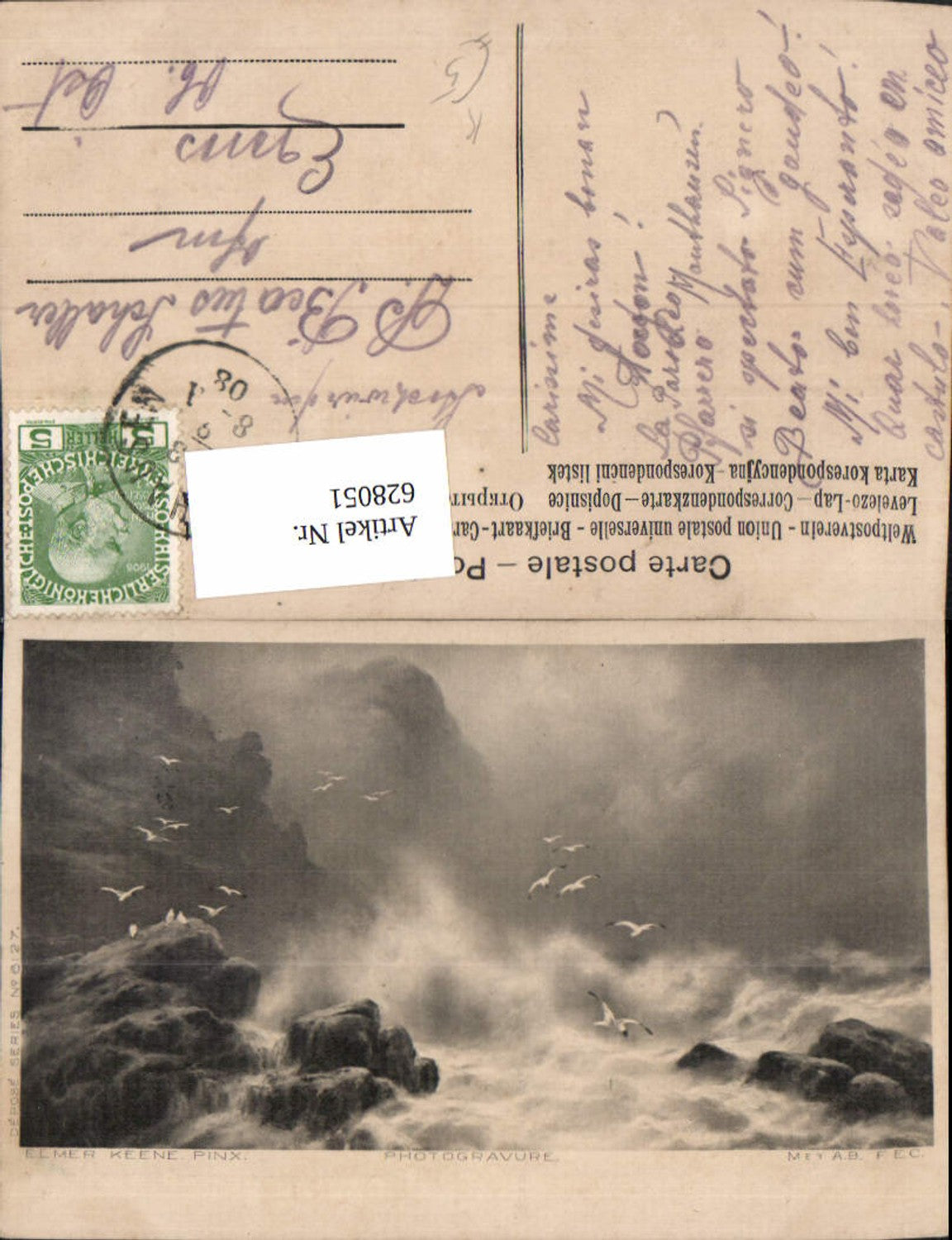 628051,Künstler Ak Elmer Keene Möwen Sturmflut Sturm