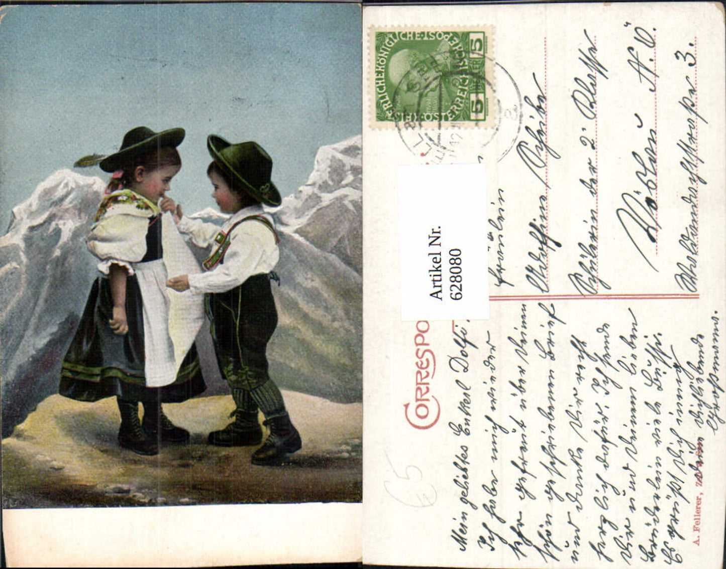 628080,Künstler Ak Kinder in Tracht Bergkulisse