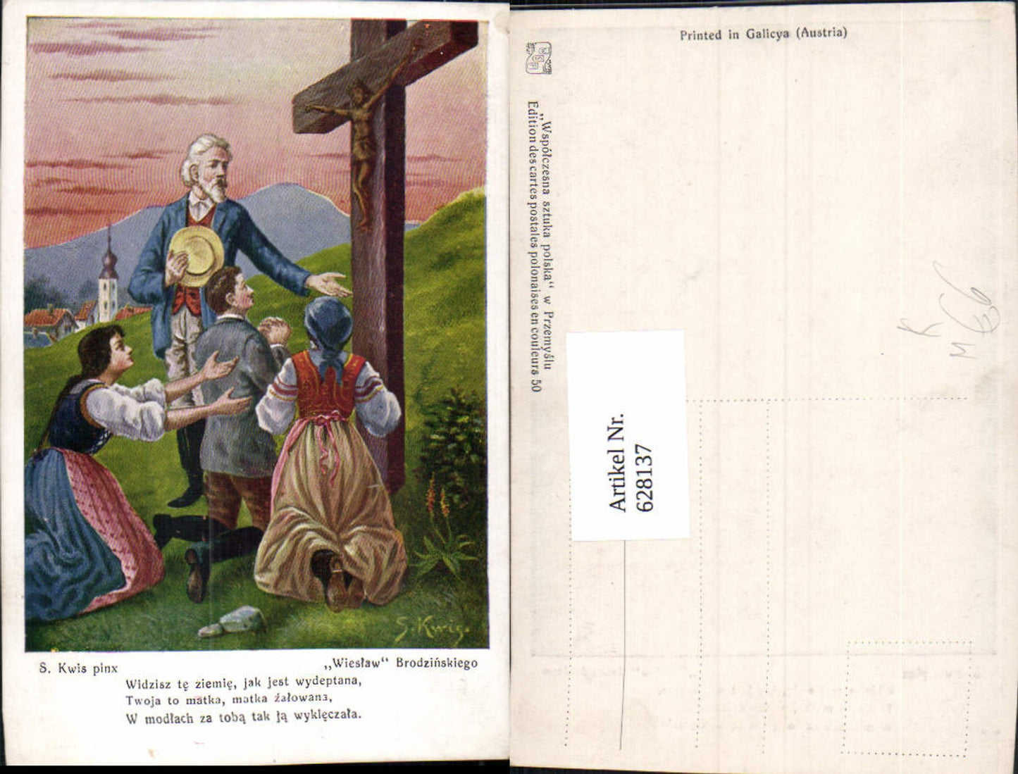 628137,Künstler Ak S. Kwis Wieslaw Brodzinskiego Familie Gebet Wegkreuz Spruch Text