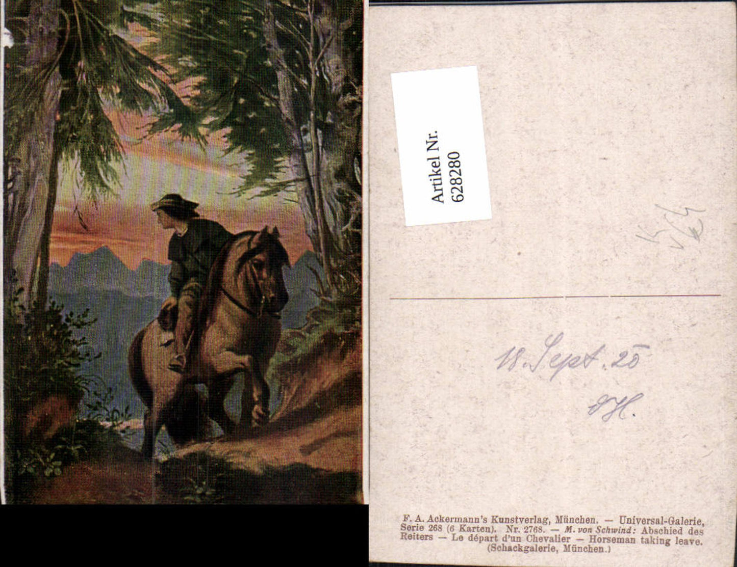 628280,Künstler Ak M. v. Schwind Abschied d. Reiters Pferd pub F. A. Ackermann 268/2768