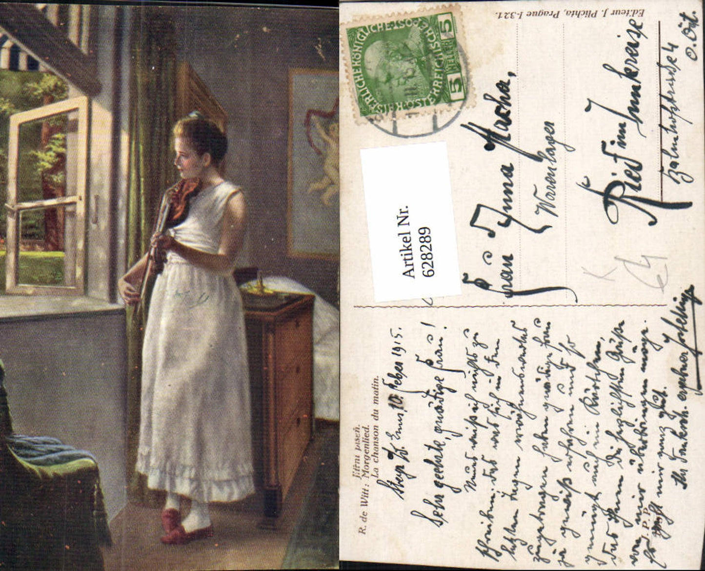 628289,Künstler Ak R. de Witt Morgenlied La chanson du matin Frau spielt Geige a. Fenster